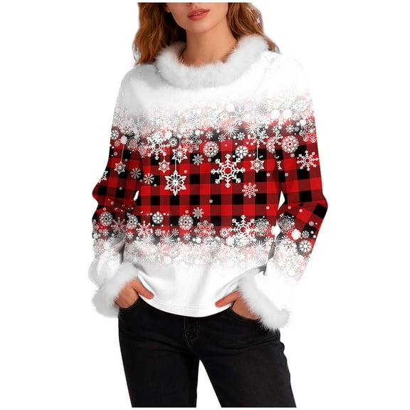 Christmas Shirt for Women Plush Collar Cuffs Graphic Print Long Sleeve Pullover Top Red L
