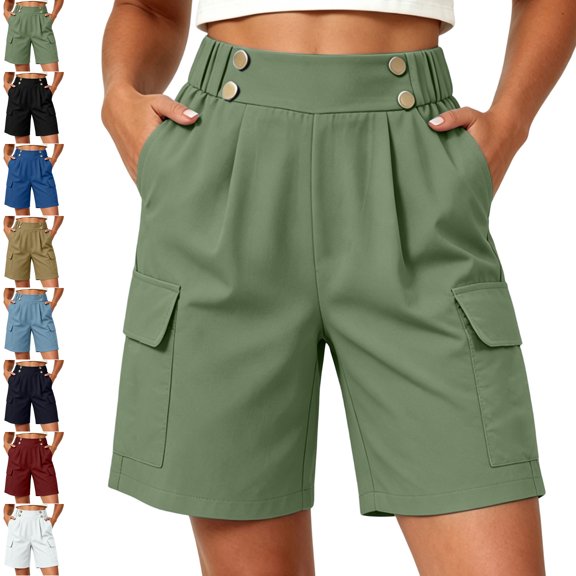 MLCDZ Women's Lightweight Hiking Cargo Shorts Elastic Waist Wide Leg Loose Fit Shorts Multiple Pockets Running Athletic Camping Travel Golf Short Pants