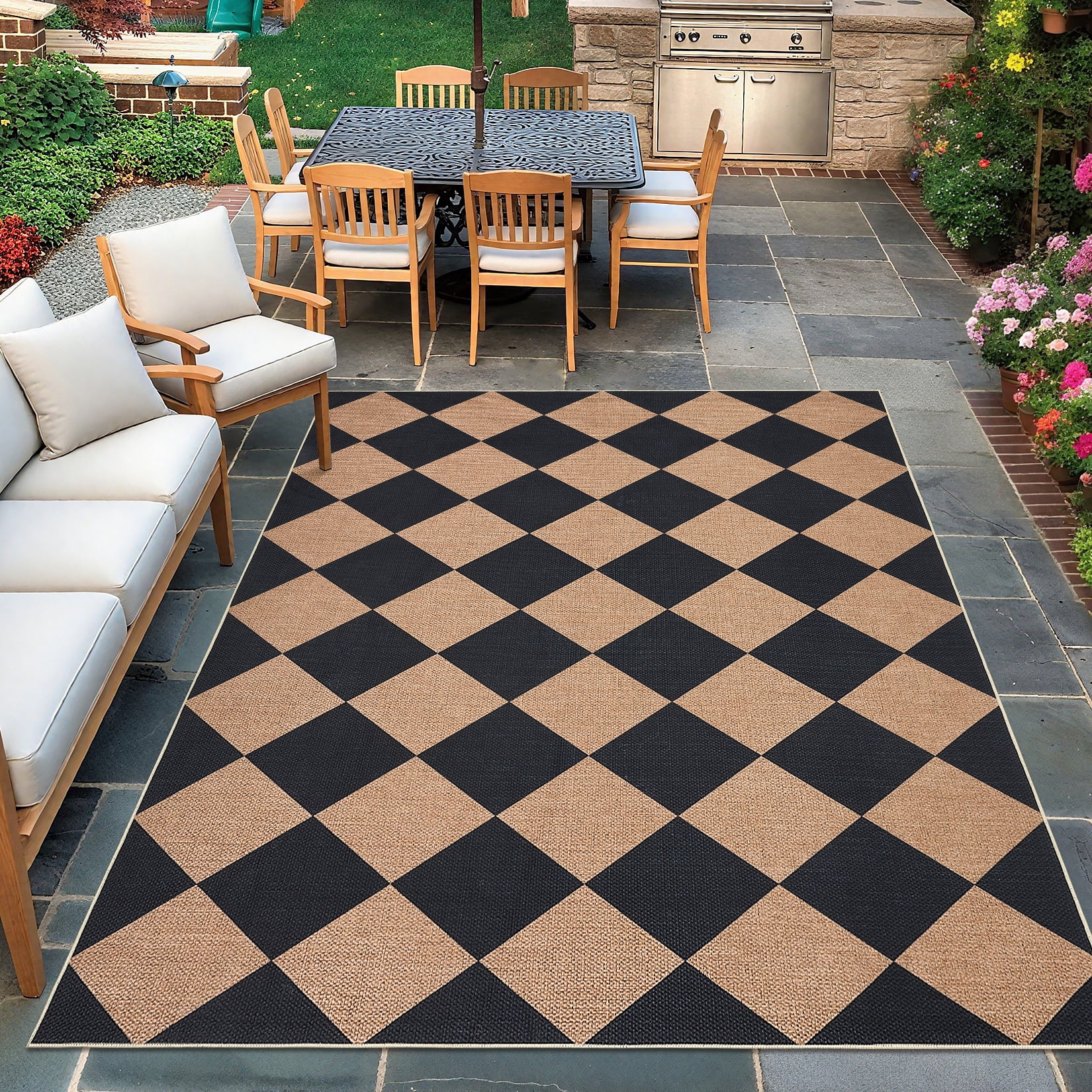 Haperlare 5'x7' Washable Jute Area Rugs Checkered Carpet, Non Slip Low Pile Rug Contemporary Indoor Outdoor Floor Mats for Living Room Bedroom Backyard, Black Coffee