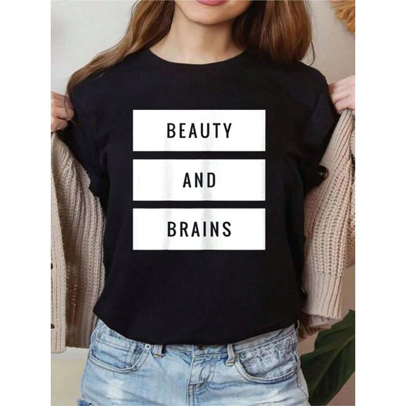 100% Cotton Beauty And Brains Casual Printed Womens' T-Shirt,Summer Outfits For Women,Vacation Outfits Women