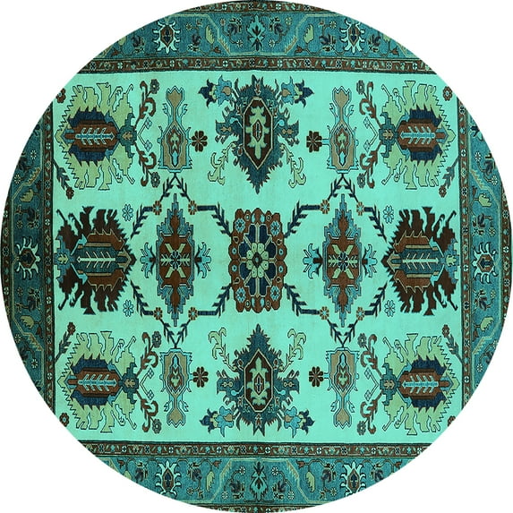 Ahgly Company Machine Washable Indoor Round Oriental Turquoise Blue Industrial Area Rugs, 5' Round