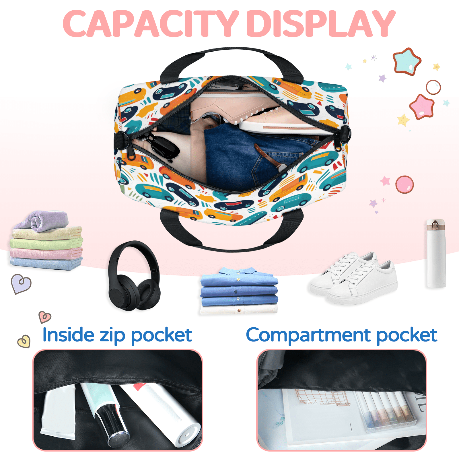 Herdesigns Cute Car Gym Bag for Women, Duffle Bag for Travel Sport, Bus Taxi Lightweight Waterproof Carry on Weekender Dance Yoga Workout Bags