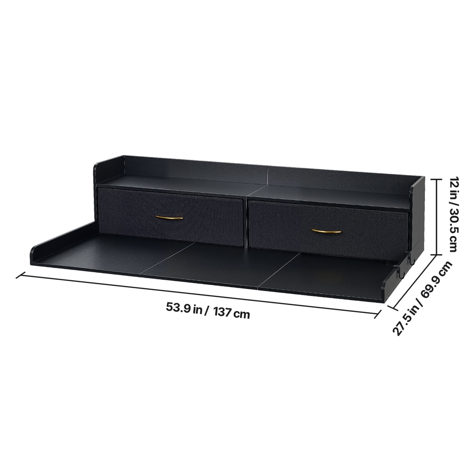 KFFKFF Washer Dryer Countertop with Shelf, 54 x 27.5 in Wooden Laundry Topper with 2 Drawers & 2 Hooks, Laundry Machine Organizer for Closet and Pantry Storage, Black