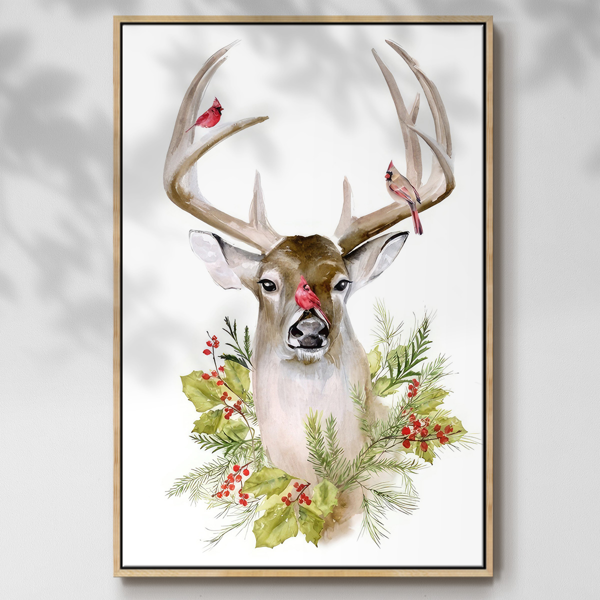 Holiday Deer Collection B - Framed Gallery Wrapped Holiday Canvas - 17 x 25 - Natural Wood Frame