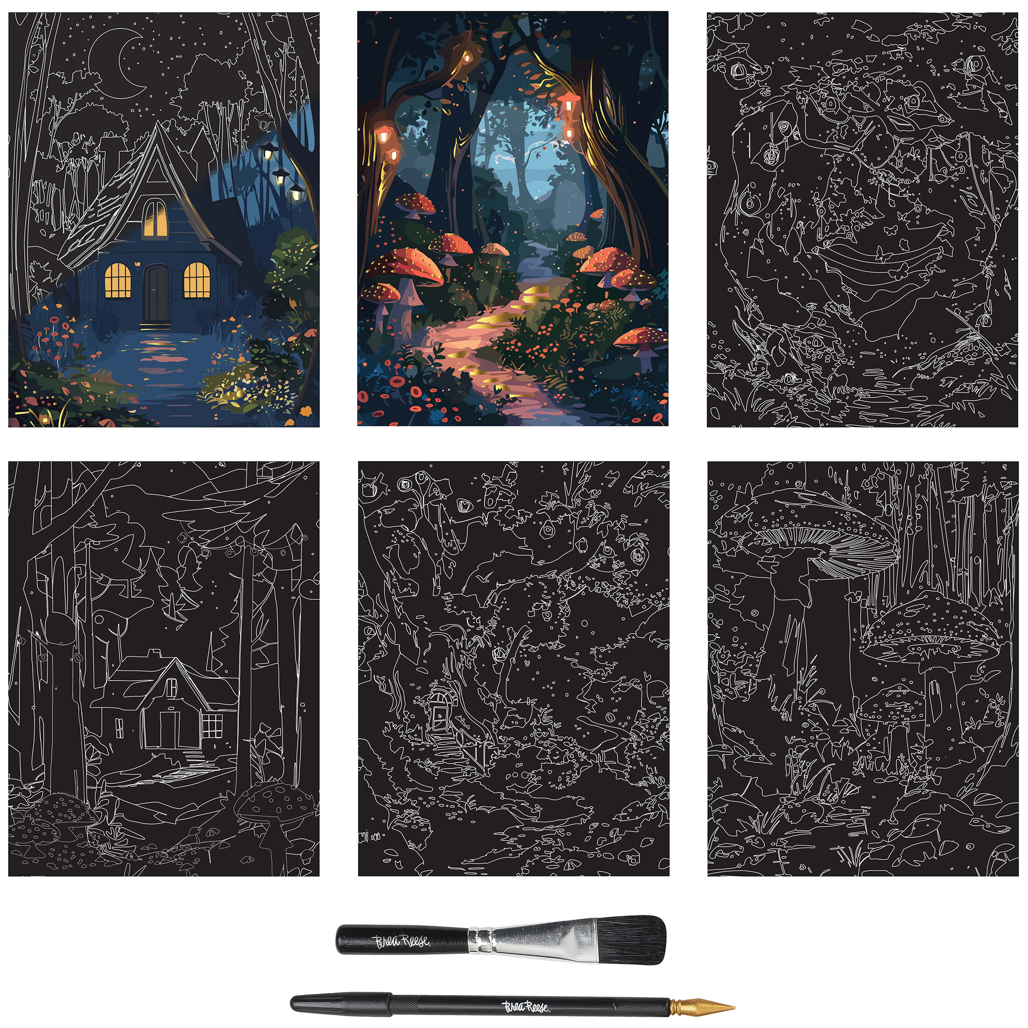 Brea Reese: Scratch Art Paper Pad - Magical Forest - 6 Designs, Guided Art, Metallic Accents, Stylus & Brush, Perforated 9x12" Pages, DIY Adult Craft