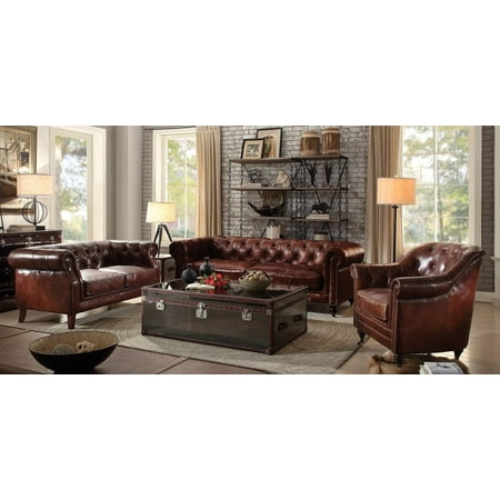 Vintage Dark Brown Leather Tufted Sofa Set 3pcs Acme Furniture 53625 Aberdeen Vintage Dark Brown Leather Tufted Sofa Set 3pcs Acme Furniture 53625 Aberdeen