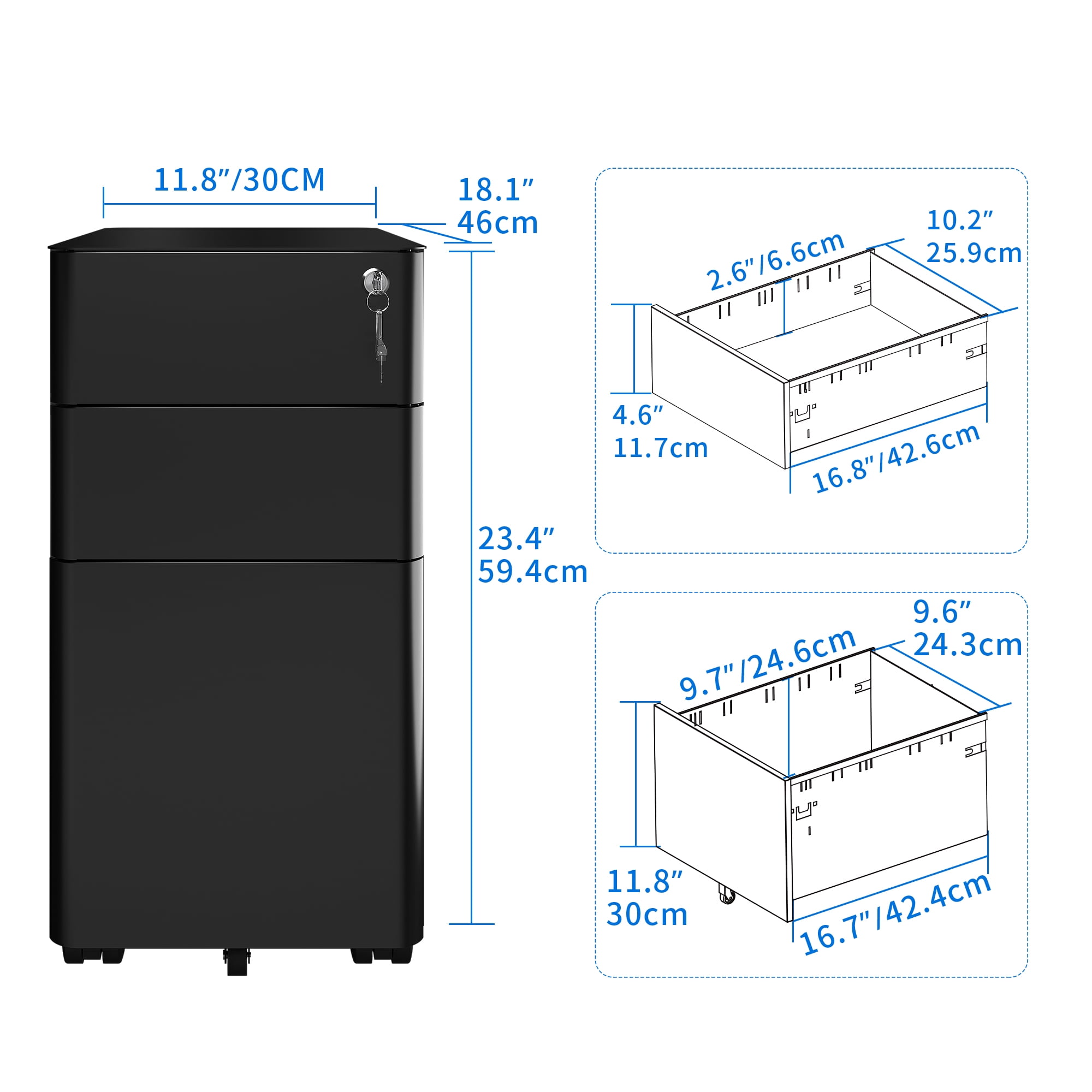 Dextrus 3-Compartment Secure Locking File Cabinet, Mobile Steel Office Document Storage, Suitable for Legal/Letter Files, Pre-Built