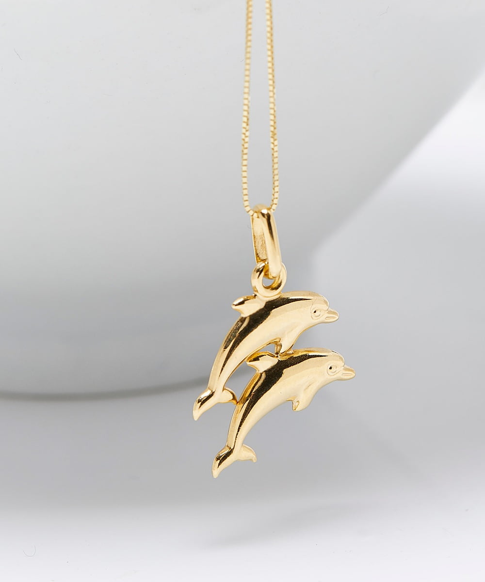 14k Gold Double Dolphin Pendant Necklace