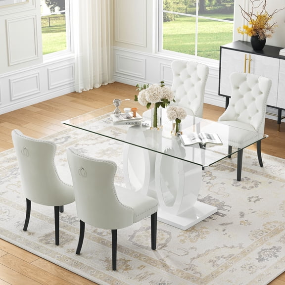 63" Glass Dining Table Set, Rectangular Tempered Glass Table with Double O-Shape Base, 4 Mid-Century Modern Velvet Upholstered Chairs with Solid Wood Legs, for Dining Room, Living Room, Apartment