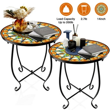 Rekopi 17 inch Table Round Outdoor End Tables Patio Mosaic Tabletop Coffee Table for Living Room, Indoor Outdoor, 2 Pack