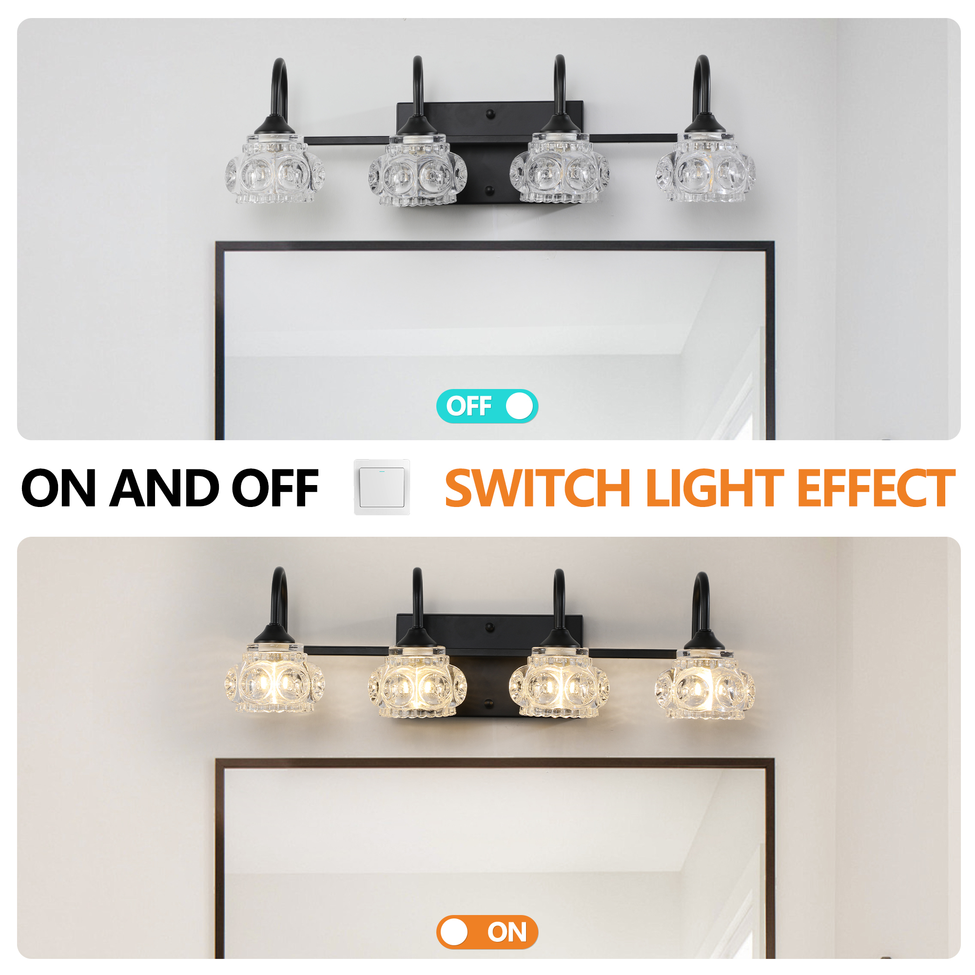 Leumius Retro 4-Light Bathroom Vanity Light Fixture - Black Finish with Crystal Glass Shades, Wall Mounted Lighting for Bathroom, Powder Room, and Vanity Mirror (No Bulbs)