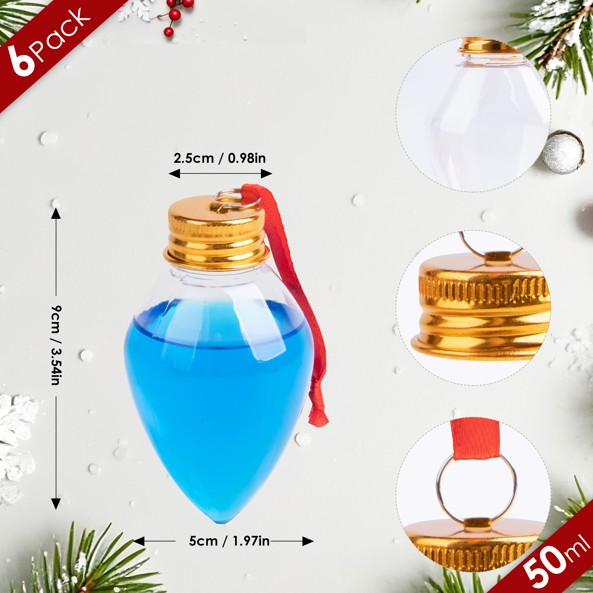 Fillable Christmas Ornament Drink Balls, 50 ml Reusable Clear Plastic Shot Glass Ornaments, Drop Shape Hanging Decorations, 6 Pack