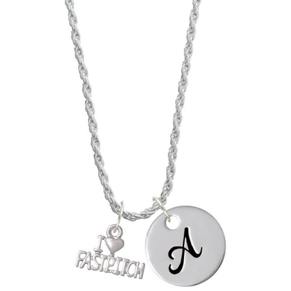 Delight Jewelry I 'Heart' Fastpitch Silvertone Script Initial Disc - A - Charm Necklace, 20"+3"