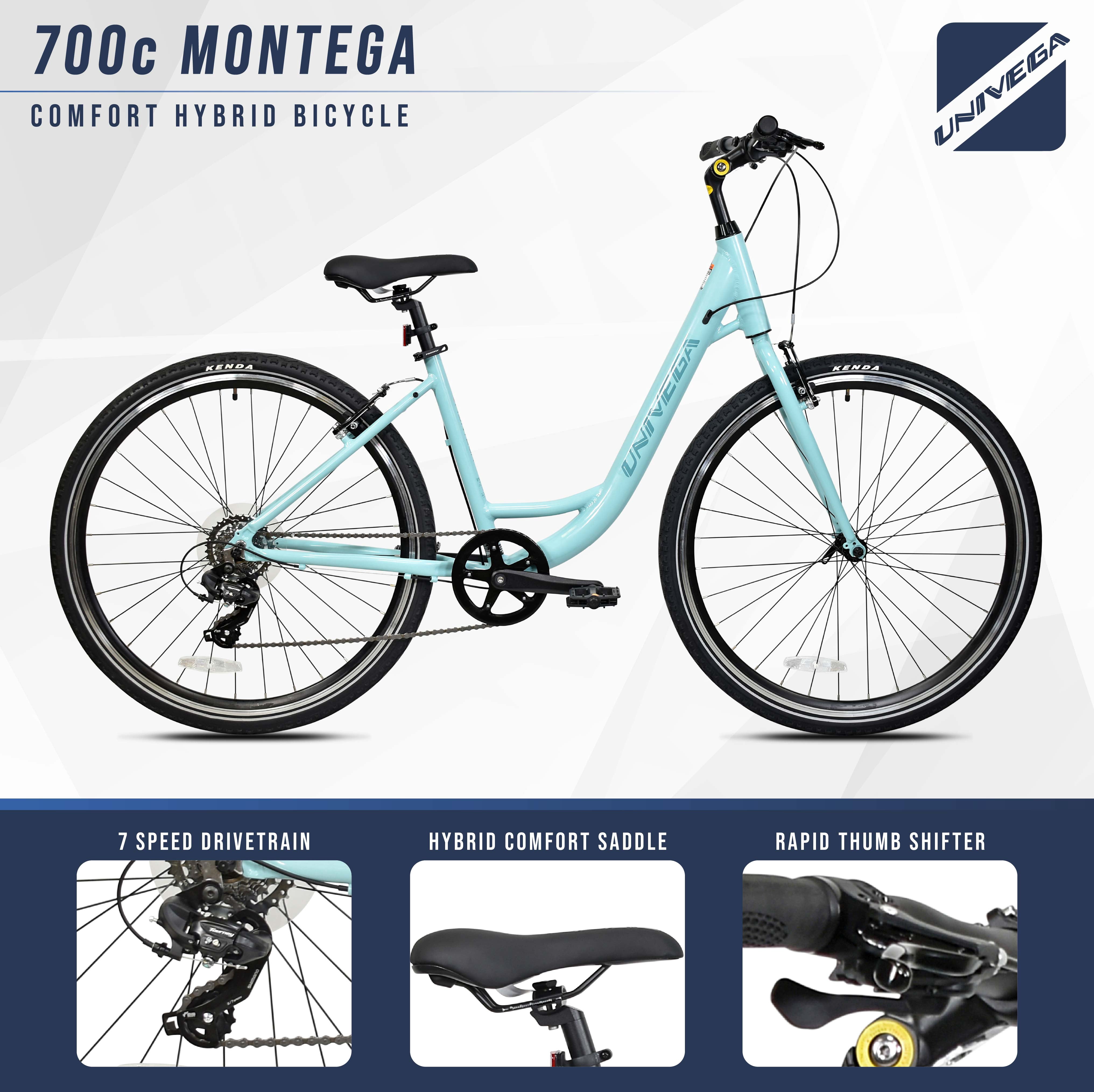 700C Univega Montega Step Thru Comfort Hybrid Adult Bicycle, Small Frame, Fits Rider 5'2" - 5'6", Unisex, Light Teal
