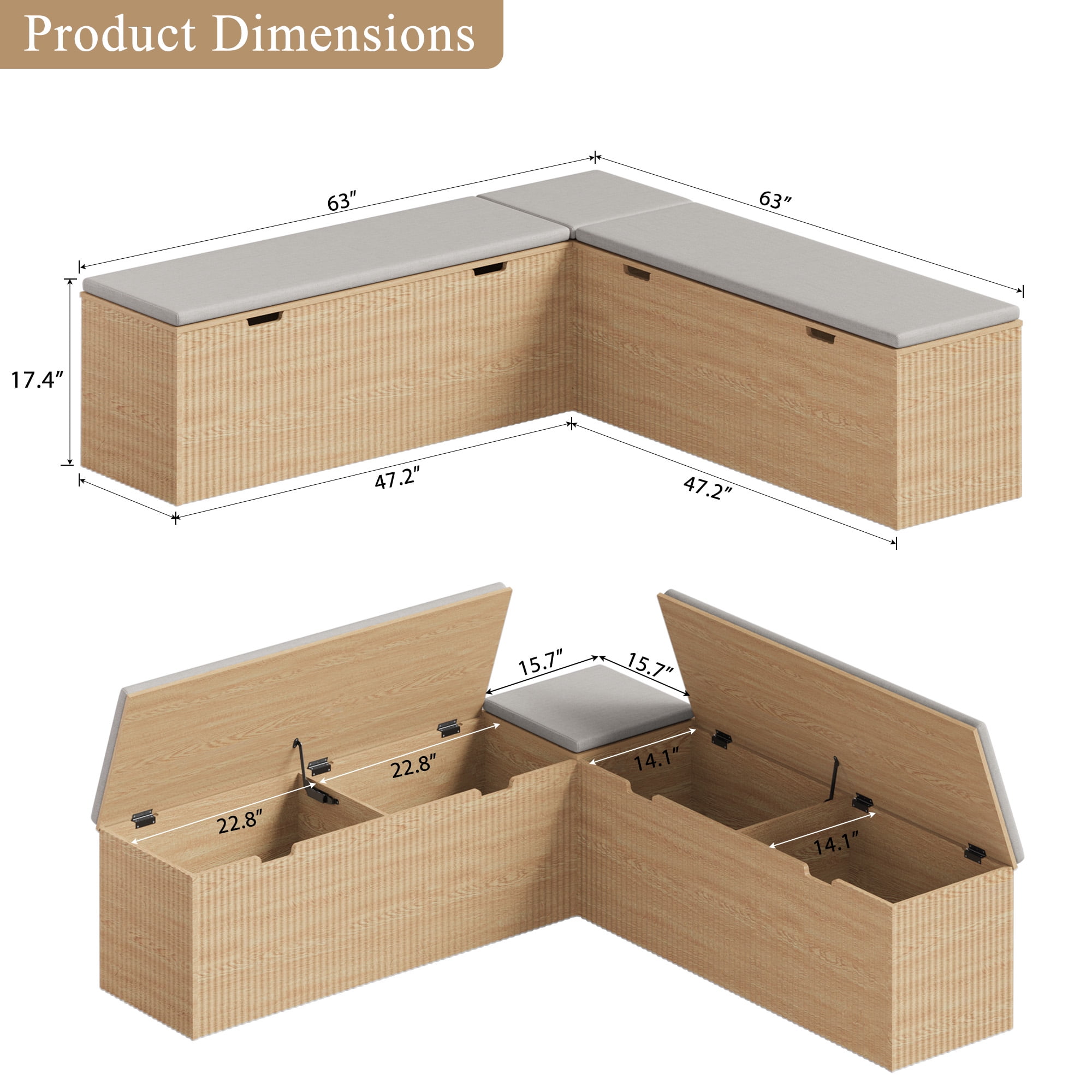 L-Shaped Storage Bench with Cushion- Modern Corner Breakfast Nook Bench for Kitchen, Entryway- Natural Wood
