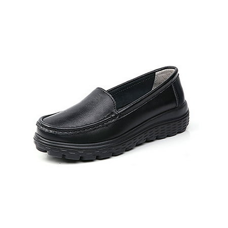 

Gomelly Women s Platform Loafers Leather Chunky Loafers Slip-ons Round Toe Work Shoes Black 4.5