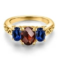 thumbnail image 3 of Gem Stone King 18K Yellow Gold Plated Silver Red Garnet and Blue Created Sapphire Filigree Style 3 Stone Ring for Women (2.73 Cttw, Oval 8X6MM and 6X4MM) (Size 8), 3 of 6