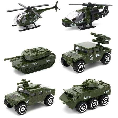 - Moaere 6 Pack Assorted Army Vehicle Models Car Toys Original Color Mini Army Toy Tank Panzer Anti-Air Vehicle Helicopter Playset for Kids Toddlers Boys