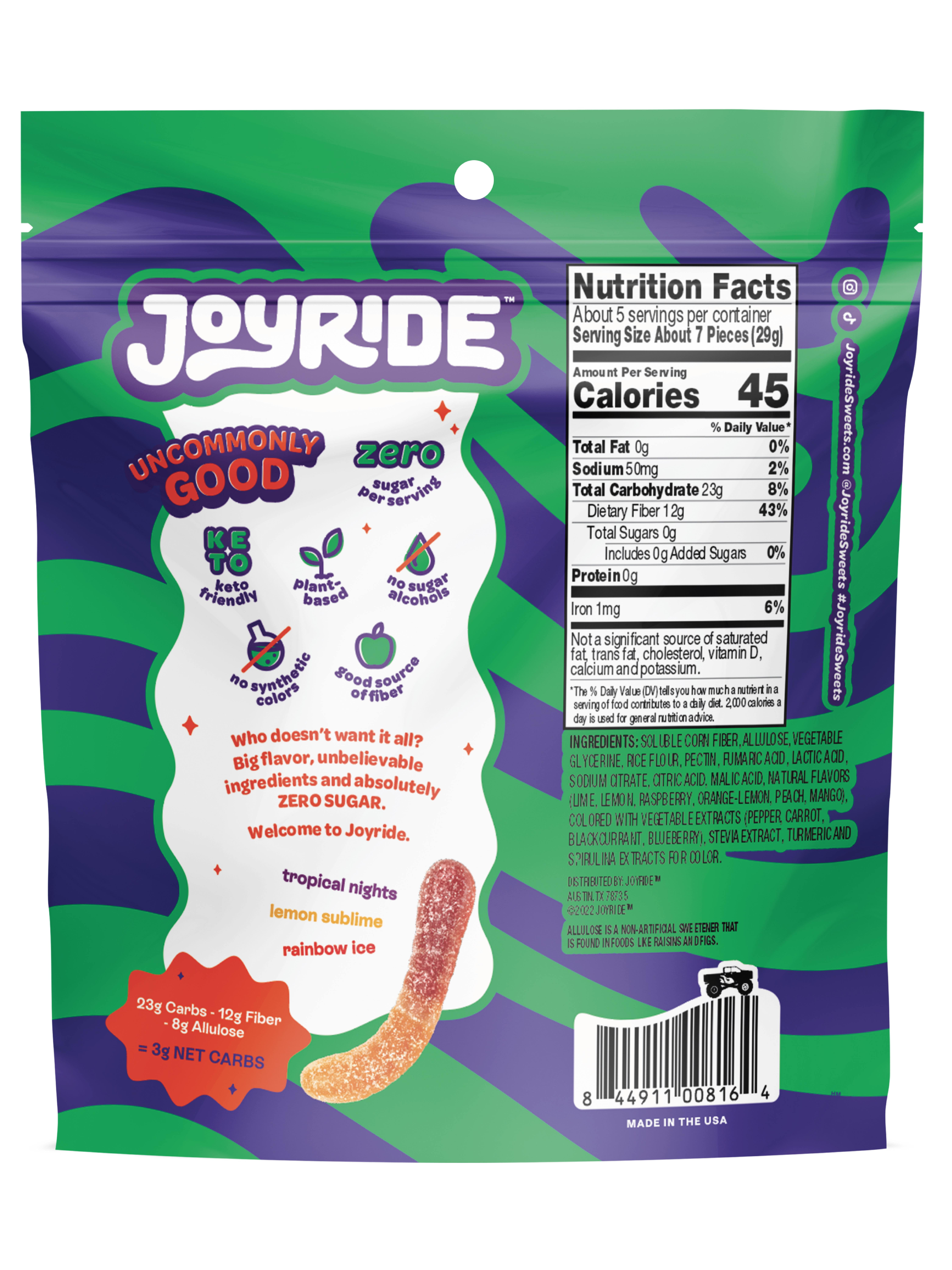 JOYRIDE Keto Sour Gummy Worms, Zero Sugar, Low Calorie, Vegan 