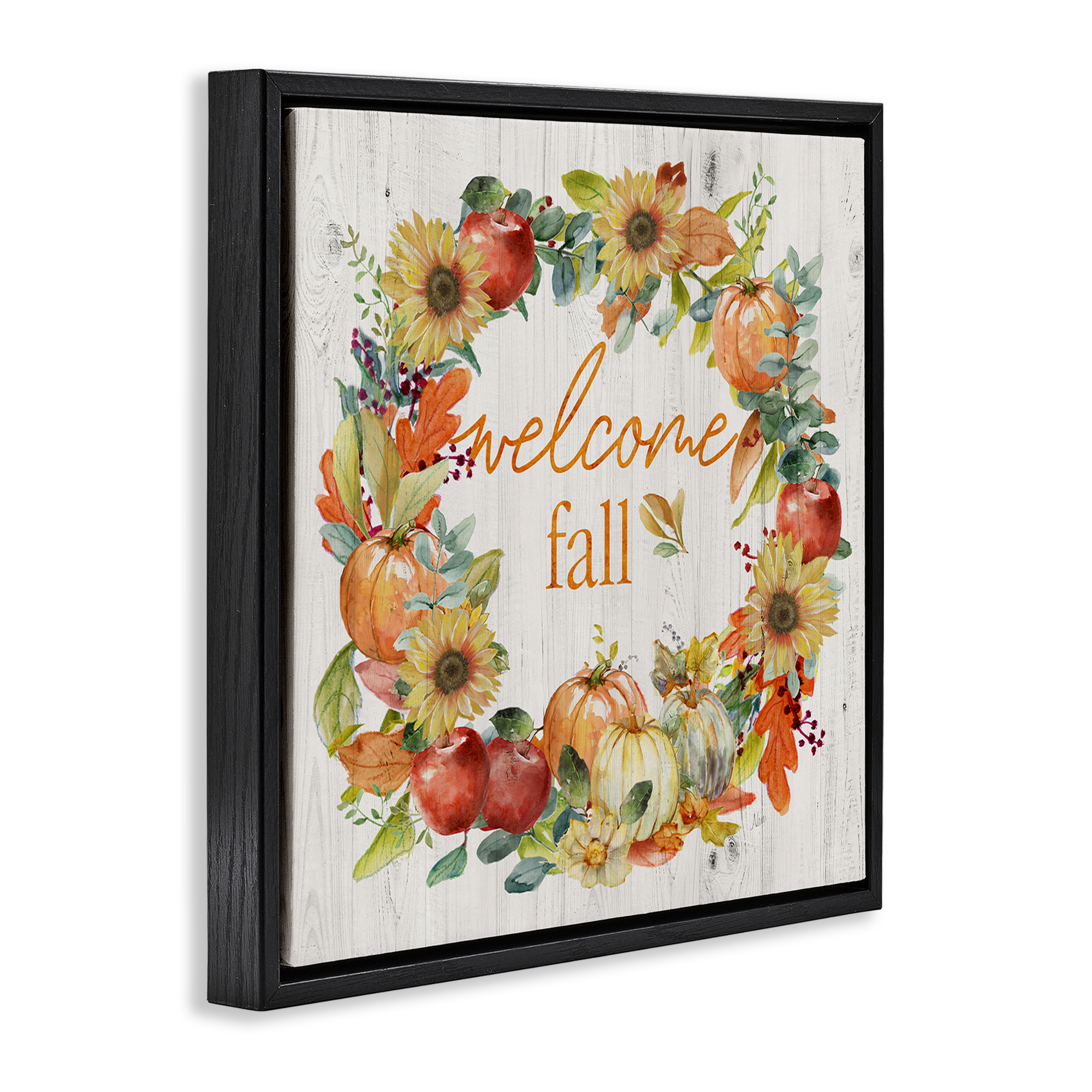 Stupell Industries Welcome Fall Pumpkin Wreath Botanical & Floral Painting Black Floater Framed Canvas Art Prints Wall Art, 25 x 25