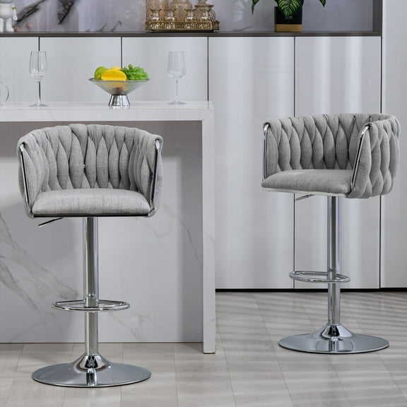 2-Piece Swivel Bar Stools with Fabric Cover - Silver Chromed & Woven Back, Adjustable for Kitchen Island & Cafe (Gray)