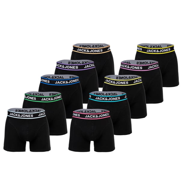 JACK&JONES Calzoncillos bóxer para hombre, lote de 10 - JACLIMES SOLID TRUNKS 10 PACK, algodón elástico, logotipo Negro L (Large)
