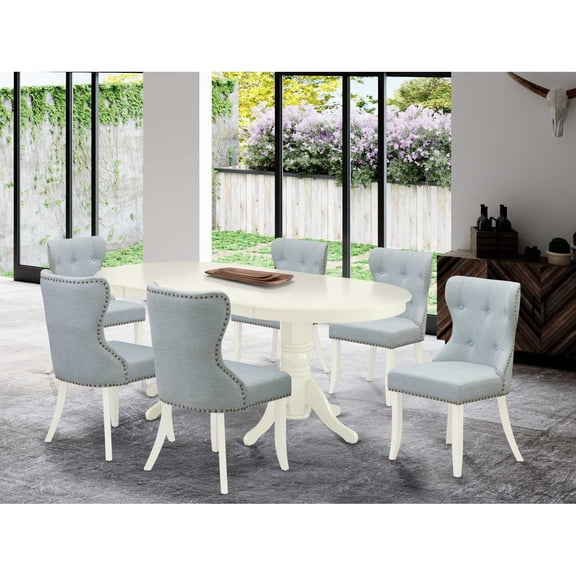 East West Furniture Vancouver 7-piece Wood Dining Set in Linen White/Baby Blue