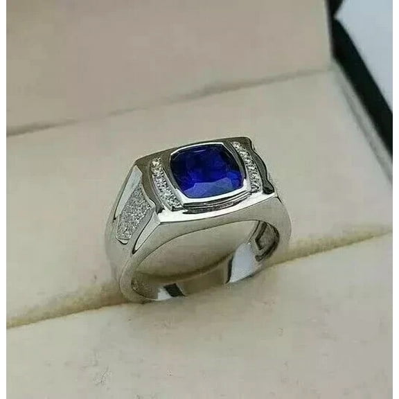 14K White Gold Plated 2Ct Cushion Cut Simulated Blue Sapphire Charm Men's Wedding Ring 925 Silver