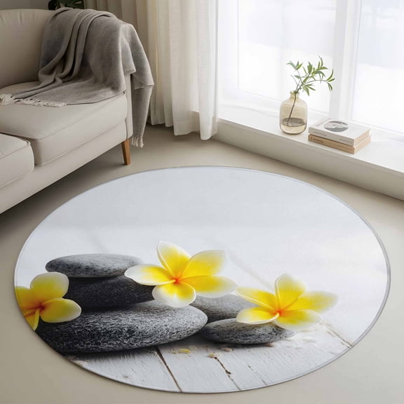Yellow Egg Flowers Round Area Rug 3Ft Washable Small Circle Rugs for Kitchen Entryway, Plumeria Floral Stone Country Non-Slip Carpet Floor Mats Indoor Outdoor Carpet Runner Aesthetic Home Decor