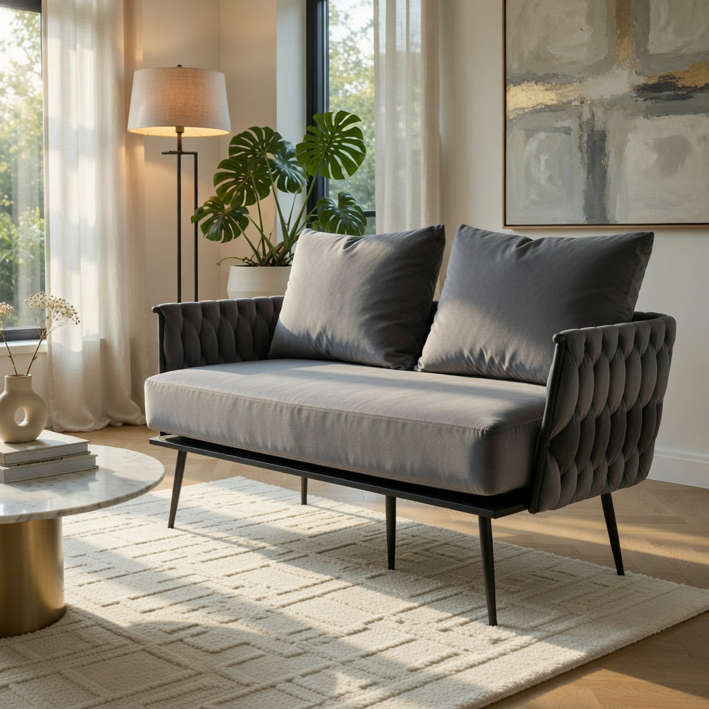 Hommoo Modern Dutch Velvet Loveseat Sofa, Compact 2-Seater Upholstered Couch with Removable Cushions & Metal Legs for Living Rooms, Bedrooms, Apartments, Gray