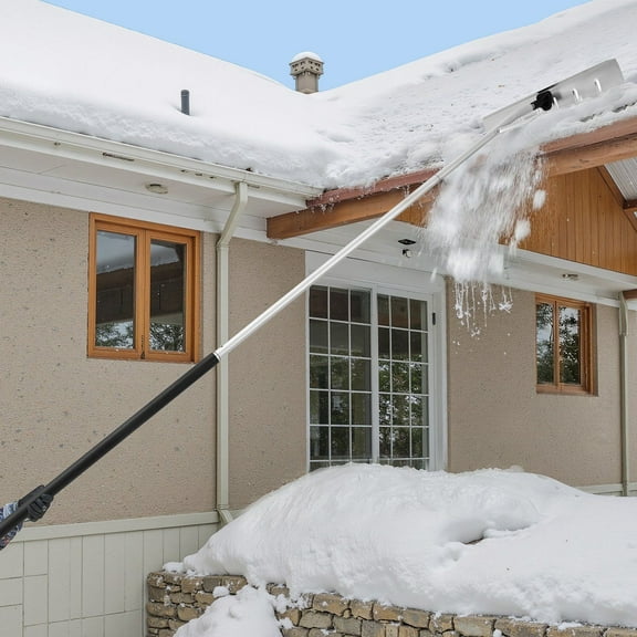 26" Snow Roof Rake with Wheels, 7.5-20 ft Adjustable Aluminum Roof Snow Scraper, Lightweight Anti-Slip Handle for Snow and Leaves Removal, House Rooftop Debris Cleaner Tool