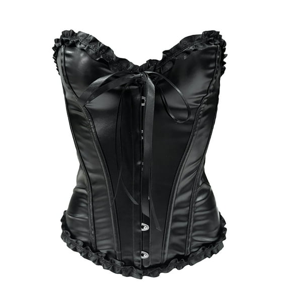 Xfvqtps Leather Corsets for Women Front Straps Lace Boned Overbust Corset Bustier Shapewear Black