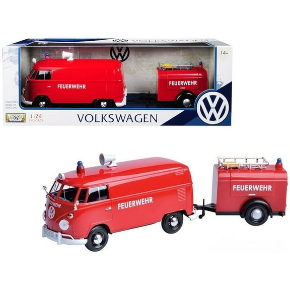Volkswagen Type 2 (T1) Fire Van with Fire Fighting Trailer "Feuerwehr" Red 1/24 Diecast Model Car by Motormax