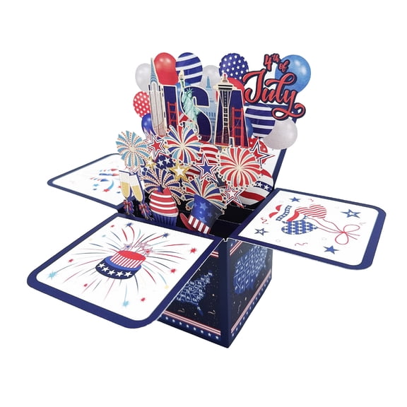 4th of July Pop Up Box Card, 3D Patriotic Greeting Card for Independence Day Celebration, USA Themed Gift with Statue of Liberty & Fireworks for Family, Friends, Party Decorations