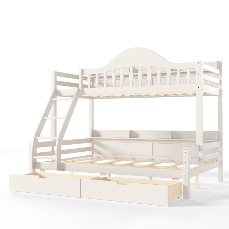 Twin Over Full Bunk Bed with 2 Storage Drawers, Solid Wood Kids Bunk Bed with Curved Guardrails, Side Storage Shelves and Ladder, No Box Spring Needed