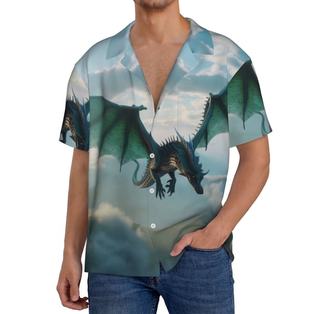 Fotbe Cloud Sky Green Dragon Camisa Estampada de Manga Corta para Hombre, Casual de Verano, Estilo Playero, Sin Arrugas-3X-Large