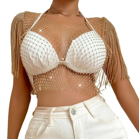 Youmylove Womens Summer Tops Rhinestones Crop Tank Top Sleeveless Fringe Shawl Wrap See Through Bikini Cover Up Sparkly Body Chain Going Out Cami Tops