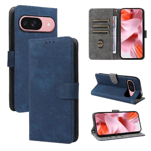 Phone Wallet Case for Google Pixel 10 Pro with Stand - Leather Folio Cover & Card Slots Blue