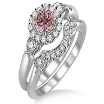 1.25 Carat Round Cut Morganite And Diamond Moissnaite Antique Three Stone Flower Halo Bridal Set On 10K White Gold, Promise Ring, Anniversary Ring