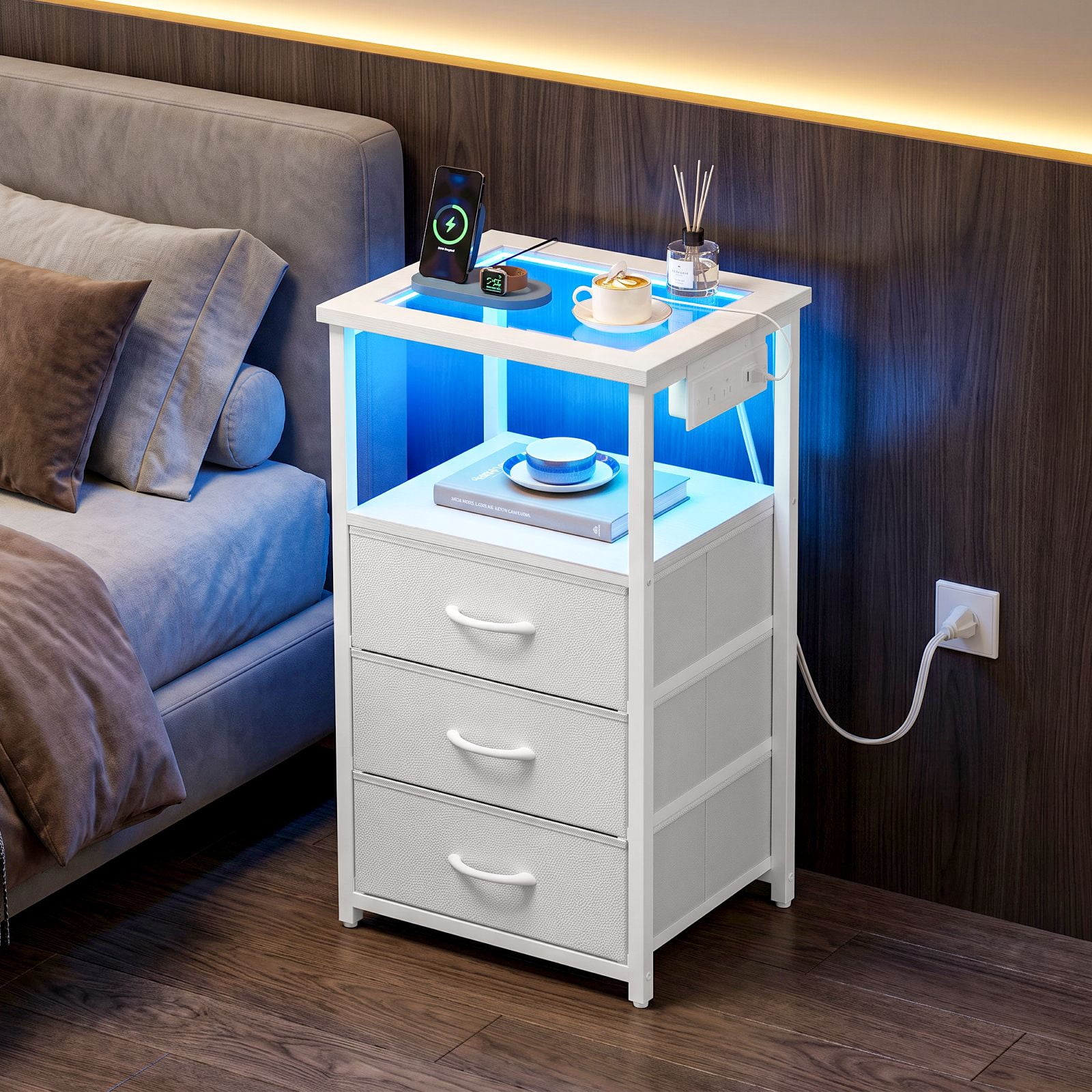3 Drawer Nightstand with Charging Station, Glass Top Bedside Table with 2 AC Outlets and 2 USB Ports, RGB LED Light, Open Shelf, Fabric Drawers for Bedroom