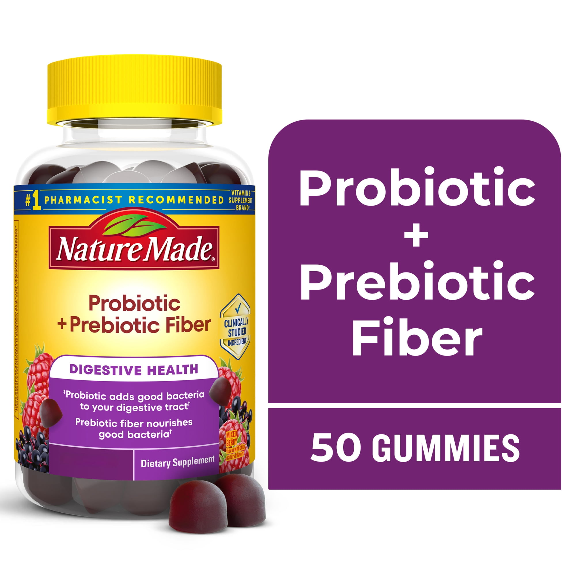Nature Made Probiotic + Prebiotic Fiber Gummies, Gut Health Dietary Supplement, 50 Count