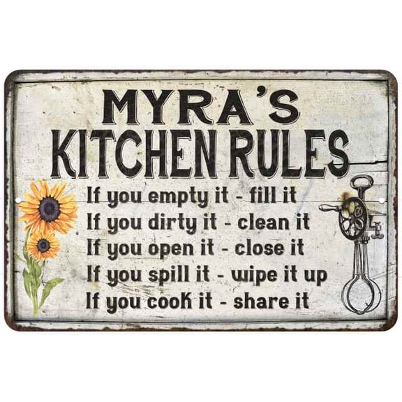 Myra's Kitchen Rules Chic Sign Vintage Dcor 8 x 12 Matte Finish Metal 108120032388