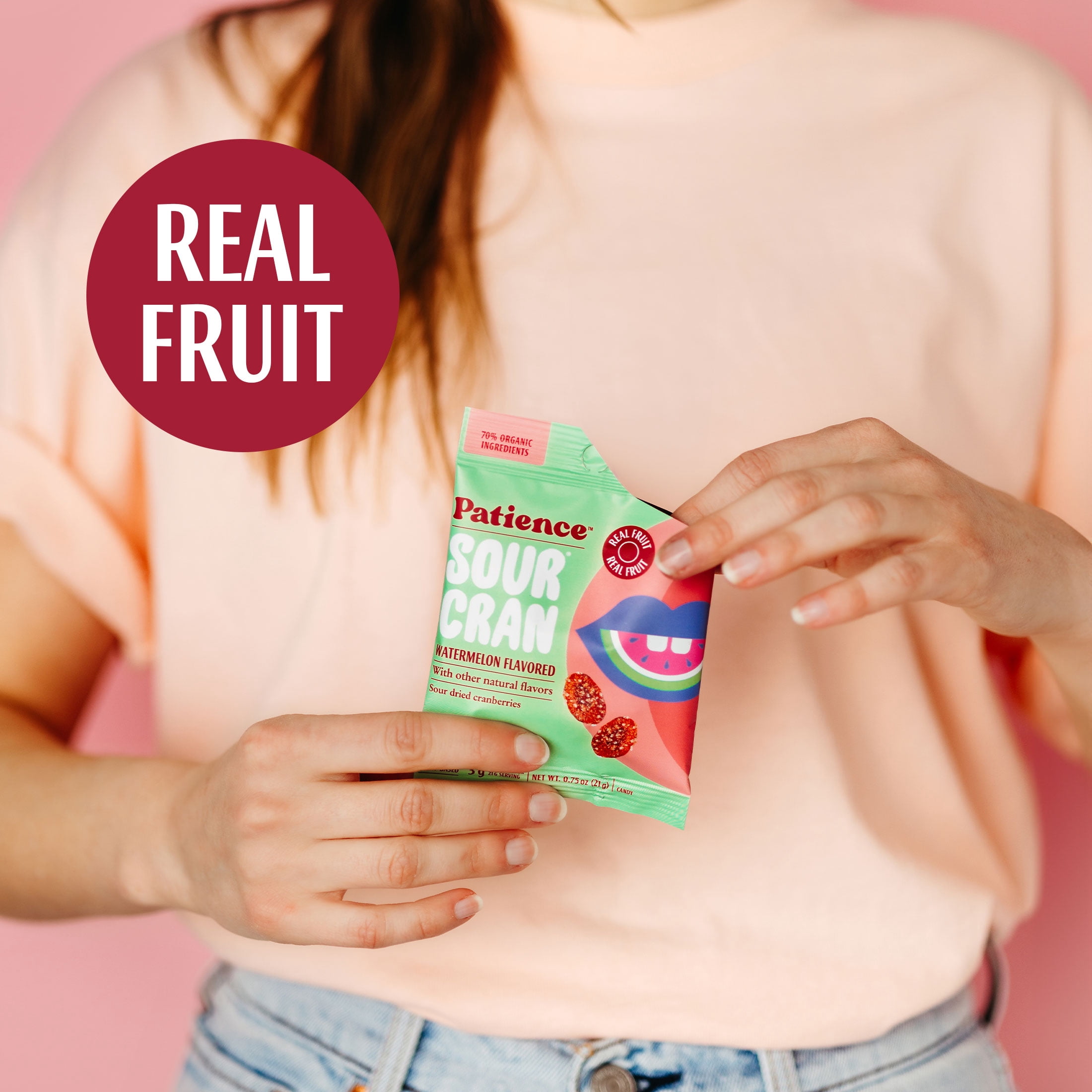 (2 pack) Patience SourCran Dried Cranberry Fruit Snack, Watermelon Flavor, 0.75 oz Pouch, 7 Count