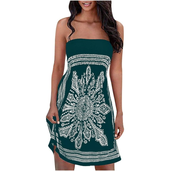 Women's Summer Strapless Dresses Tube Top Beach Mini Dress Floral Printed Boho Sleeveless Flowy Tank Sundresses
