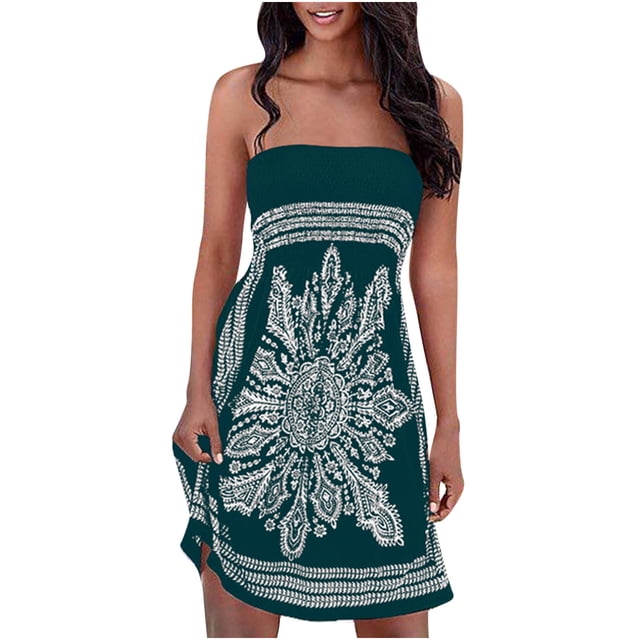 RXIRUCGD Robes pour Femmes 2023 Robe Aguichant Tube Sans Bretelles Imprimée Sans Manches Jupe Ligne A Mode Féminine