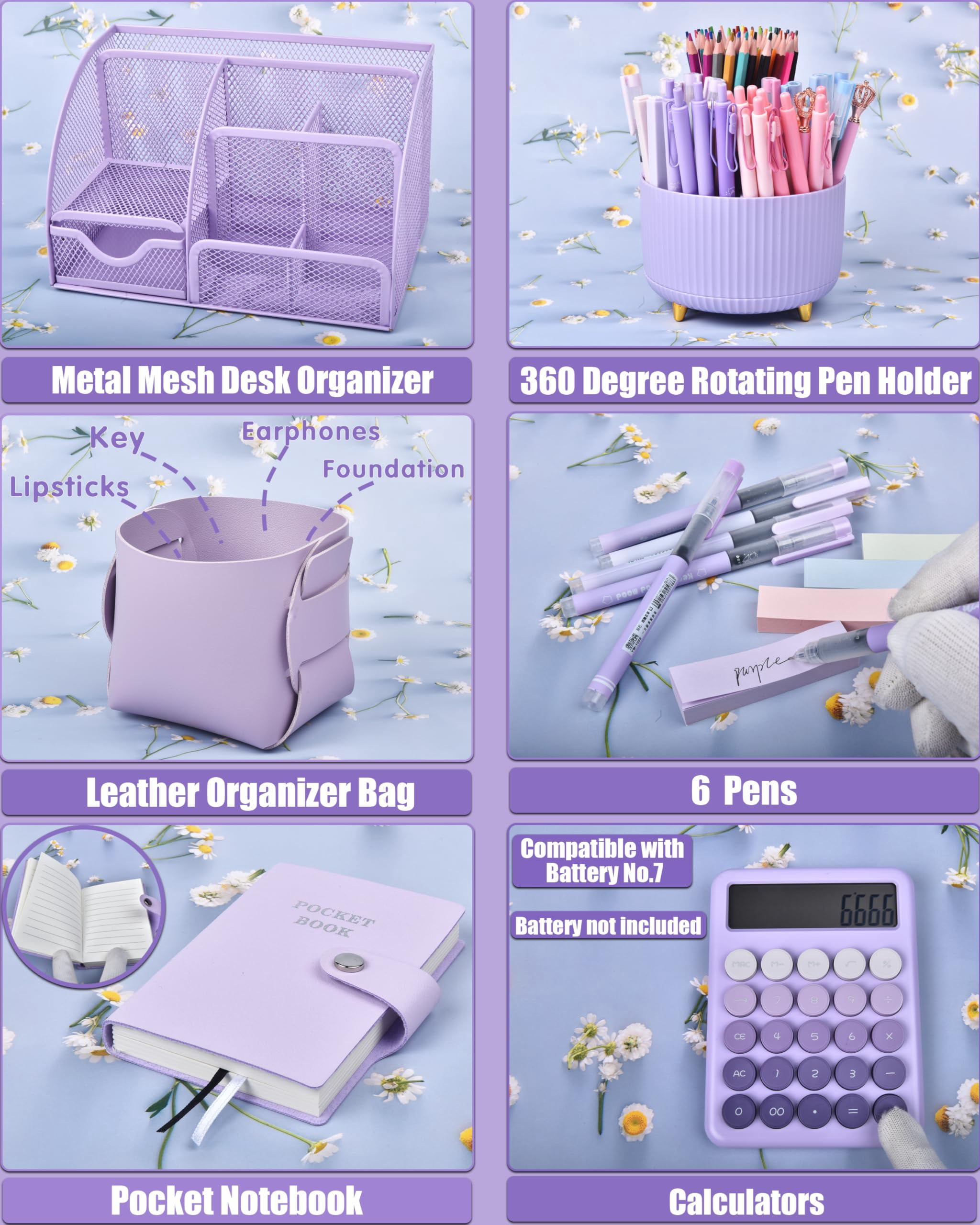 21pcs Purple Desk Organizers And Accessories With Mesh Organizer 360°rotating Pen Holder A Lot Of Office Supplies Beautifully Presented In Gift Box