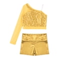 thumbnail image 3 of iiniim Kids Girls Jazz Hip Hop Dance Sequins Mesh Long Sleeve One Shoulder Dance Top with Shorts Gold 16, 3 of 7