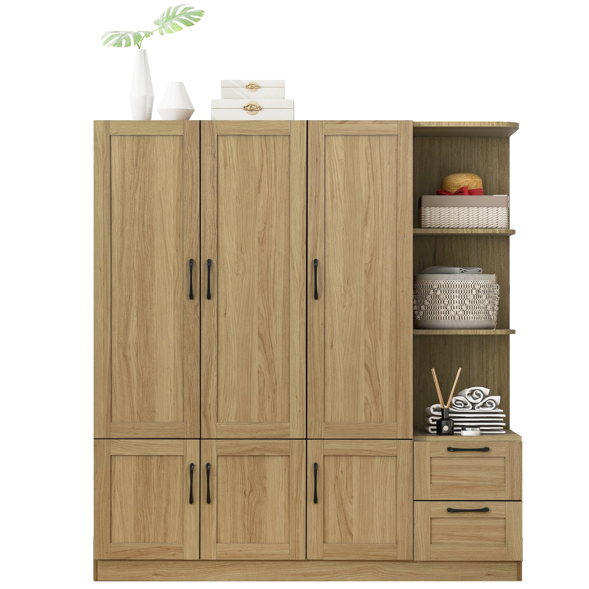 Euroco Modern Wood 3-Door Wardrobe with Drawers and Shelves for Kids Adults, Natural