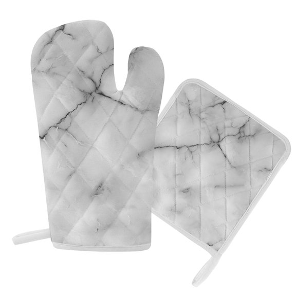 Oven Mitts and Pot Holders Set Abstract Marble Heat Resistant Kitchen Oven Glove White Texture Grill Gloves Set for Cooking, Baking, BBQ, Machine Washable 6.5x10.8in 8x8in