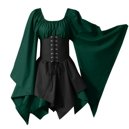 

simu Summer Dresses for Women For Womens Trumpet Sleeve Irish Shirt Dress With Corset Traditional Dress Women M Gothic Summer Short Dress Beach Dresses